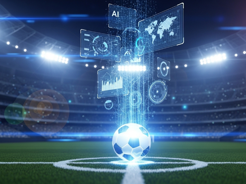 Ballon de football high-tech sur un terrain avec des données holographiques symbolisant la révolution de la Sport Tech