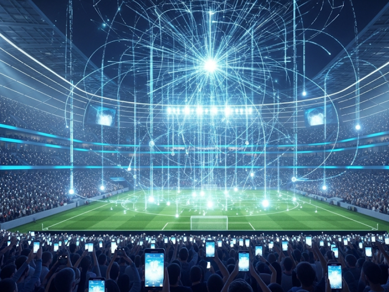 Vue d'un stade de football futuriste et connecté la nuit, avec des flux de données reliant le terrain aux supporters