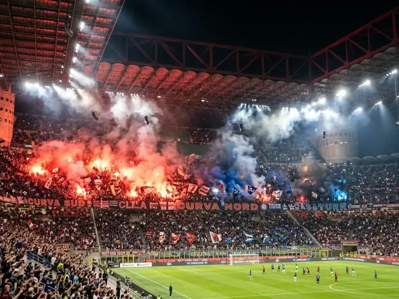Ambiance électrique au stade San Siro de Milan pendant le derby avec fumigènes rouges et bleus et supporters.