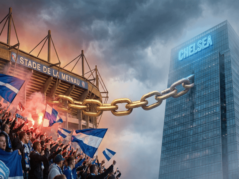 Illustration symbolique de la multipropriété montrant l'influence de Chelsea et BlueCo sur le stade de Strasbourg.