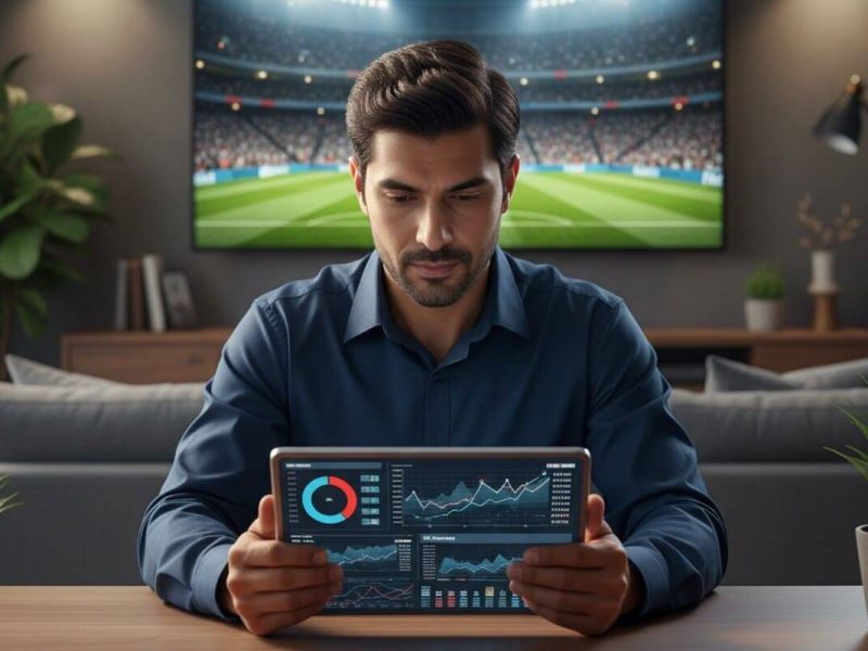 Stratégie de paris sportifs efficace élaborée par un parieur analysant des données sur une tablette.