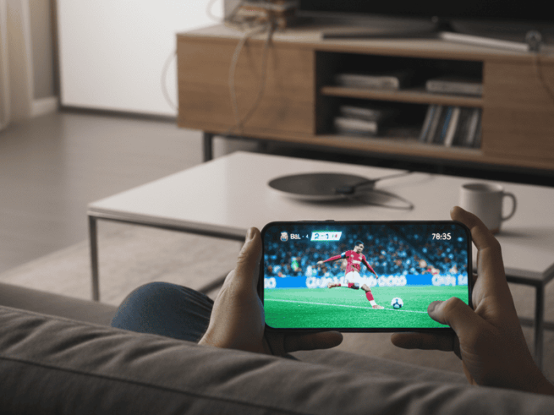 Un supporter regarde un match de football en streaming sur son smartphone, symbolisant le nouveau modèle économique du foot