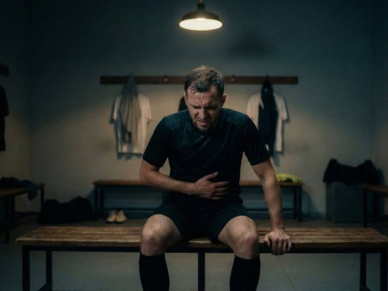Footballeur stressé assis dans les vestiaires se tenant le ventre avant un match important.