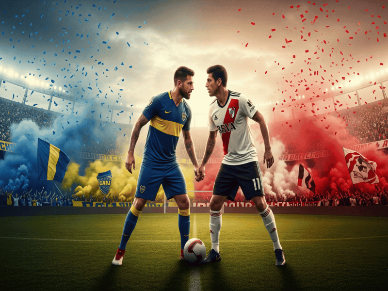 Image à la une du Superclásico Boca-River, montrant un face-à-face intense entre un joueur de Boca Juniors et un joueur de River Plate dans un stade divisé aux couleurs des deux clubs.