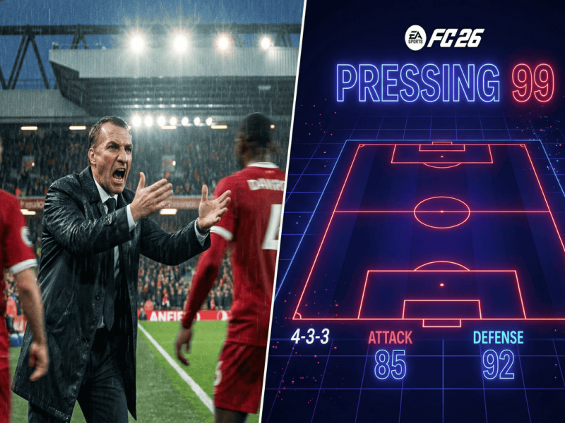 Manager de Liverpool donnant des consignes intenses fusionné avec l'interface tactique du menu EA Sports FC 26.