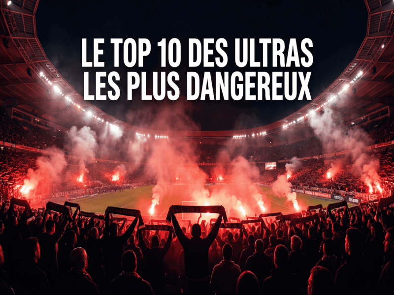 Une tribune de supporters en feu avec des fumigènes rouges lors d'un match sous haute tension.