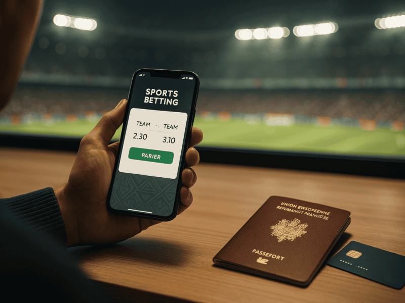 Validation d'un compte bookmaker pour les paris sportifs avec un smartphone, un passeport et une carte bancaire.