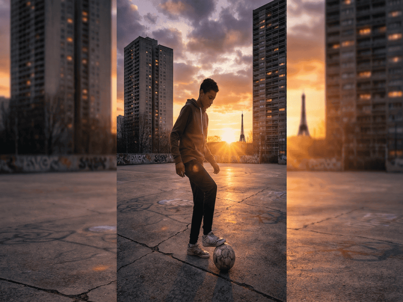 Un jeune talent francilien dribblant sur un terrain de quartier avec les immeubles de banlieue en arrière-plan.